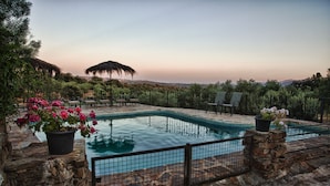A swimming pool with a stone border, surrounded by a fence, and potted plants.