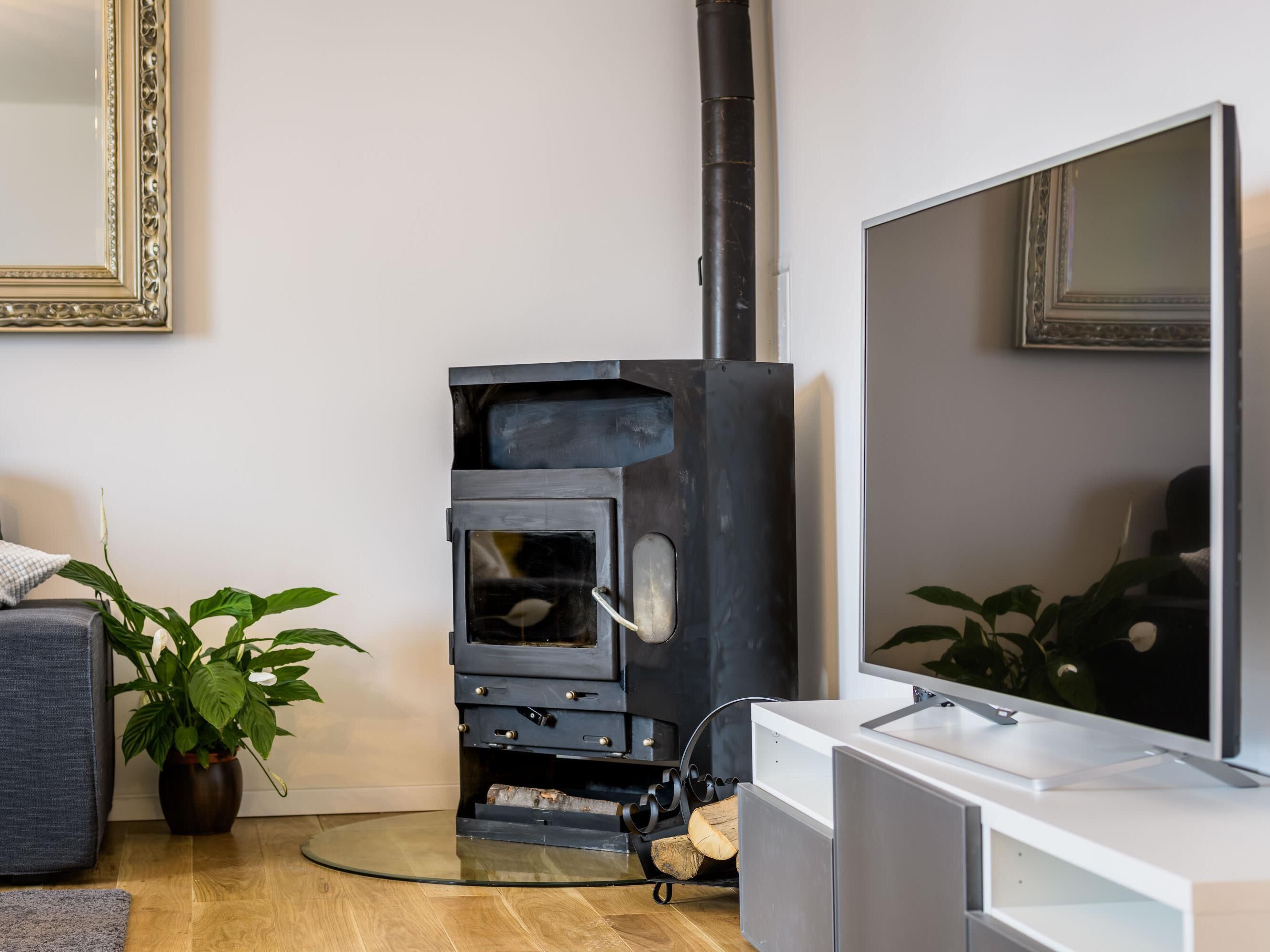 Una sala moderna con estufa de leña, televisor de pantalla plana y una planta en maceta.