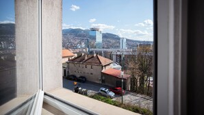 A view from a window overlooking a cityscape with buildings, a clear sky, and a mountain in the distance.