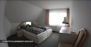 Desk, laptop workspace, rollaway beds, bed sheets