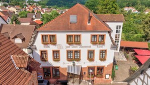 A traditional European building with multiple windows, a central entrance, and a sign indicating it is a hotel. - Zum Alten Wasserrad - L Antica Ruota (Annweiler am Trifels)