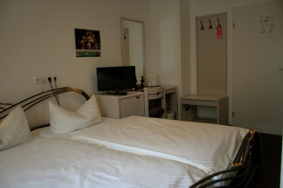 A hotel room with a bed, a television, a desk, and a mirror.