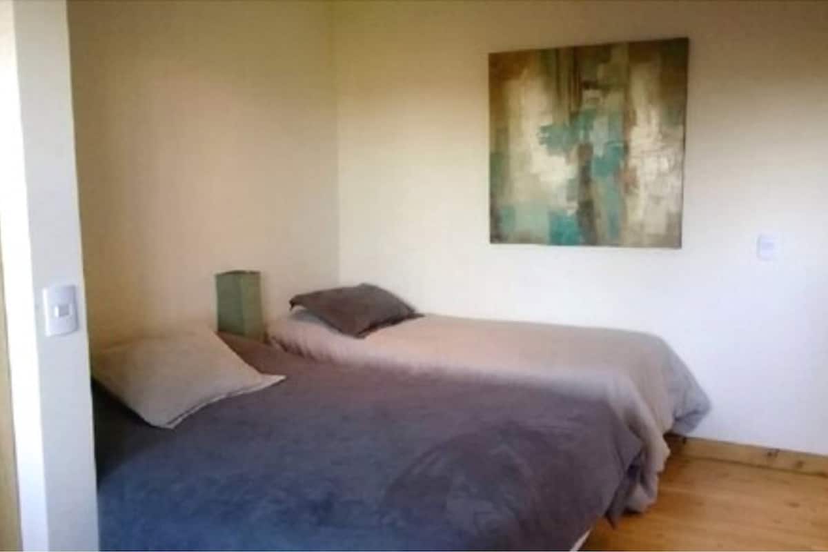 Una habitación pequeña y poco amueblada, con dos camas, un cuadro en la pared y piso de madera.