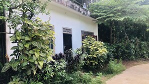 Ein weißes Gebäude mit Balkon, umgeben von üppiger Vegetation und einem Betonweg.