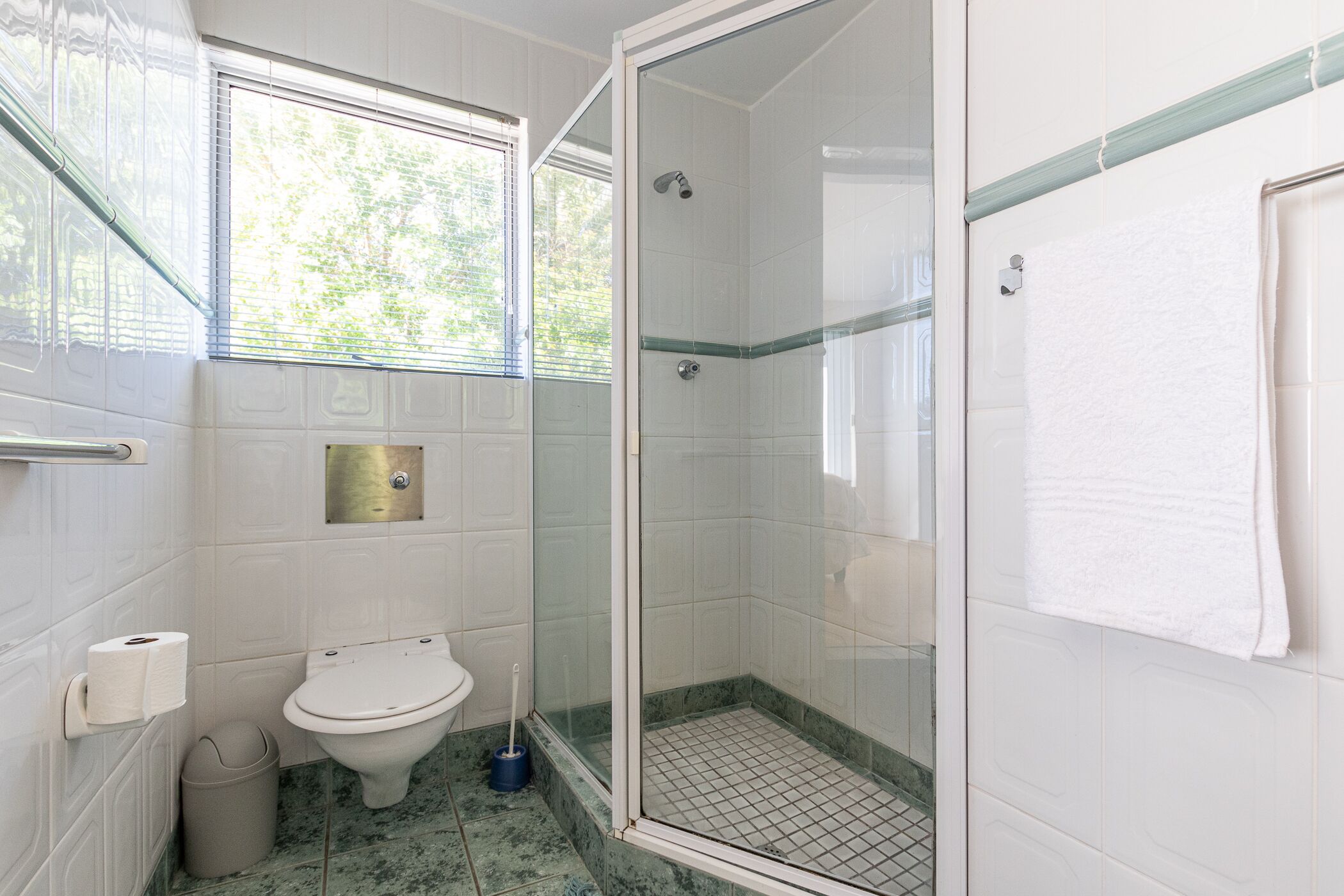 A bathroom with a toilet, a glass-enclosed shower, and a towel hanging on the wall.