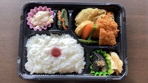 A bento box with rice, macaroni, vegetables, and fried items. - New Station Hotel Premiere (Isahaya)