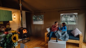 A cozy living room with a wood-burning stove, a sofa, and a dining table with chairs.