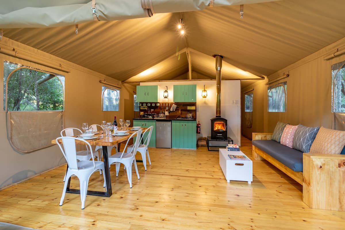 Luxury Tent, 2 Bedrooms | Living area | Fireplace