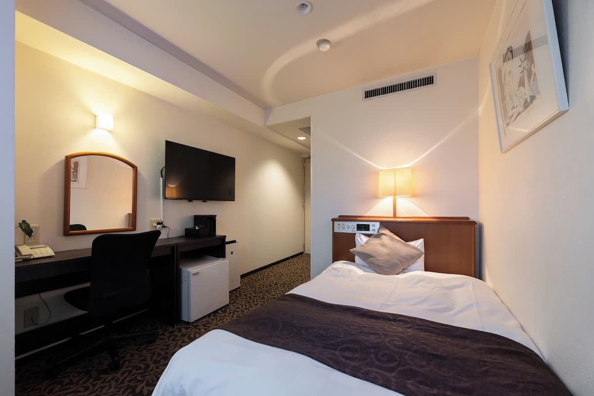 Habitación de hotel con cama, escritorio, silla, televisión y un refrigerador pequeño.