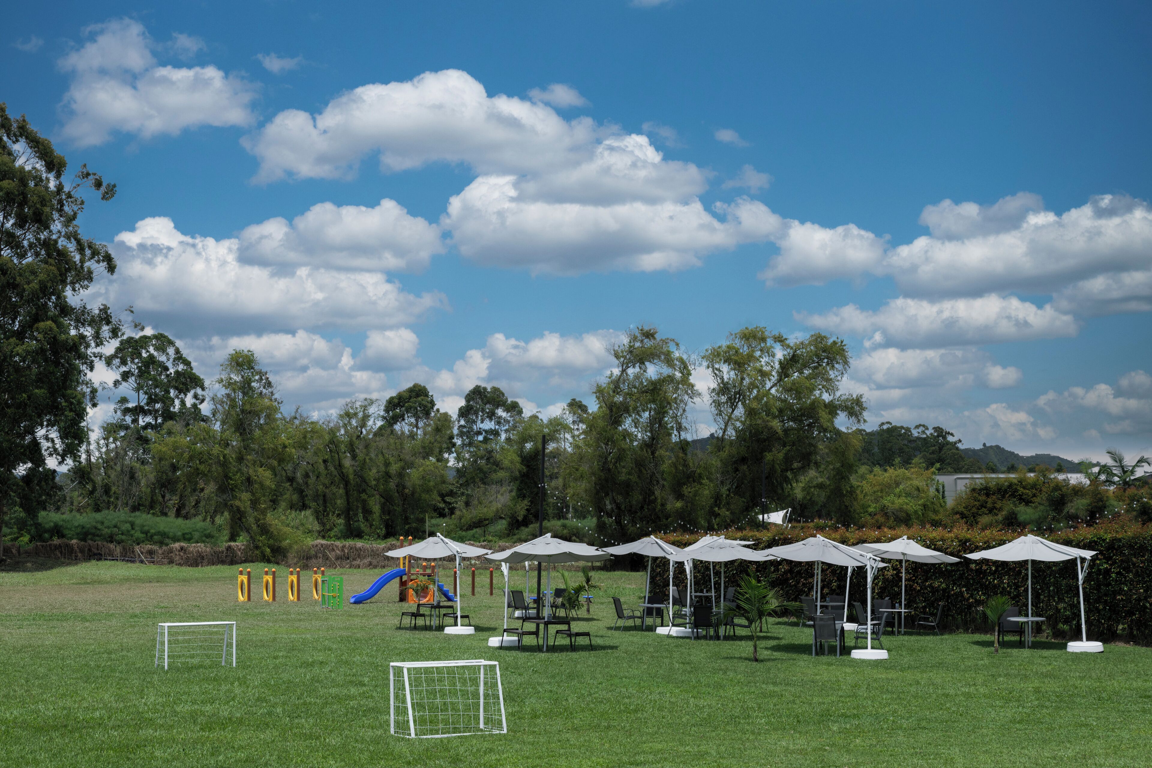 A grassy field with a soccer goal, picnic tables, and umbrellas.