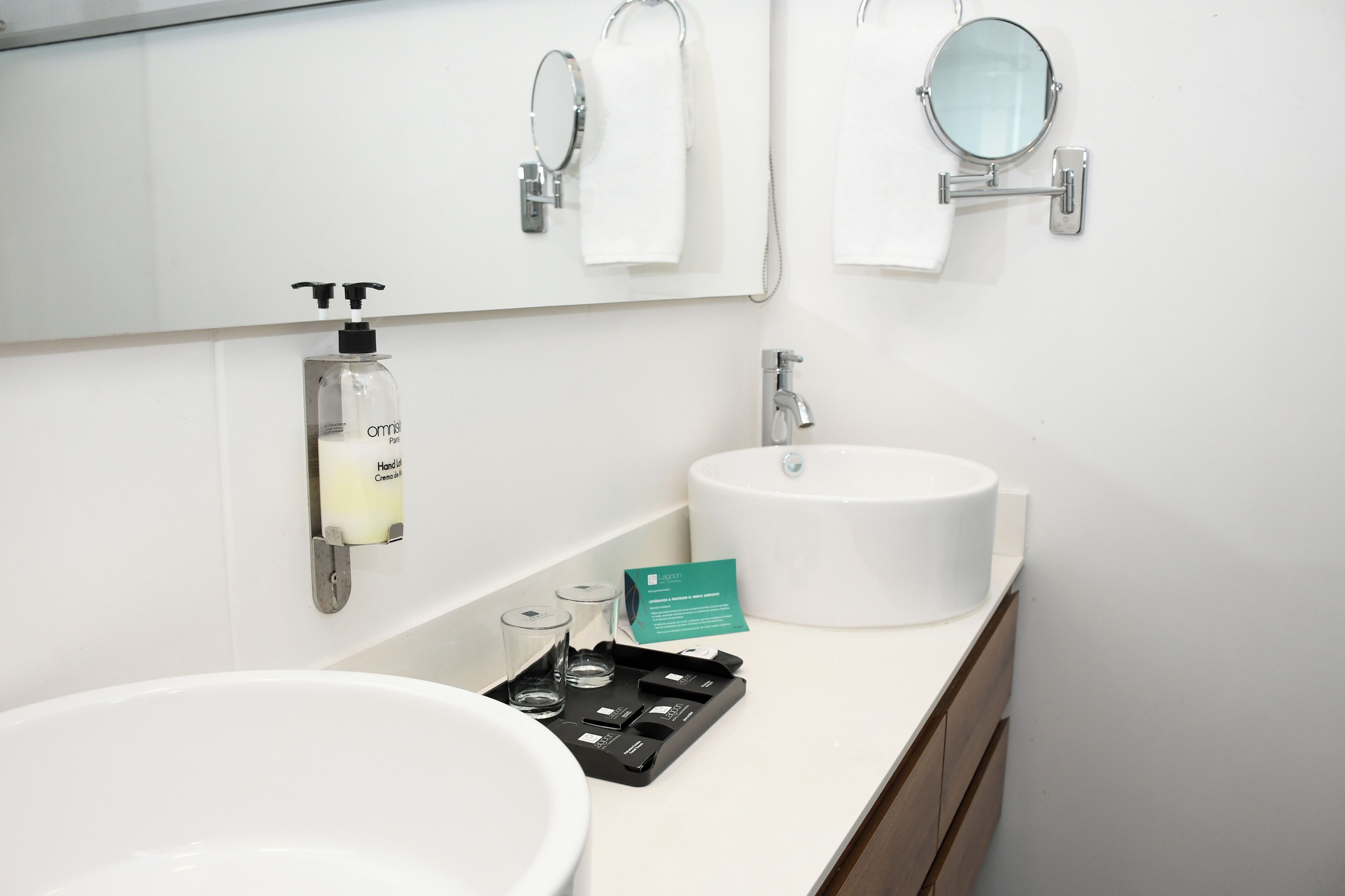 Un baño moderno con un lavabo blanco grande, un espejo, un perchero para toallas, un dispensador de jabón y una bandeja con artículos de aseo.
