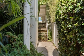 A narrow pathway leading to a staircase surrounded by lush greenery and a white building structure.