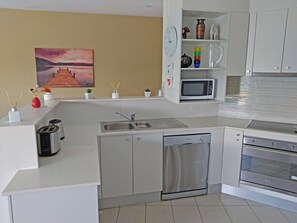 A compact kitchen with a dishwasher, microwave, and oven.