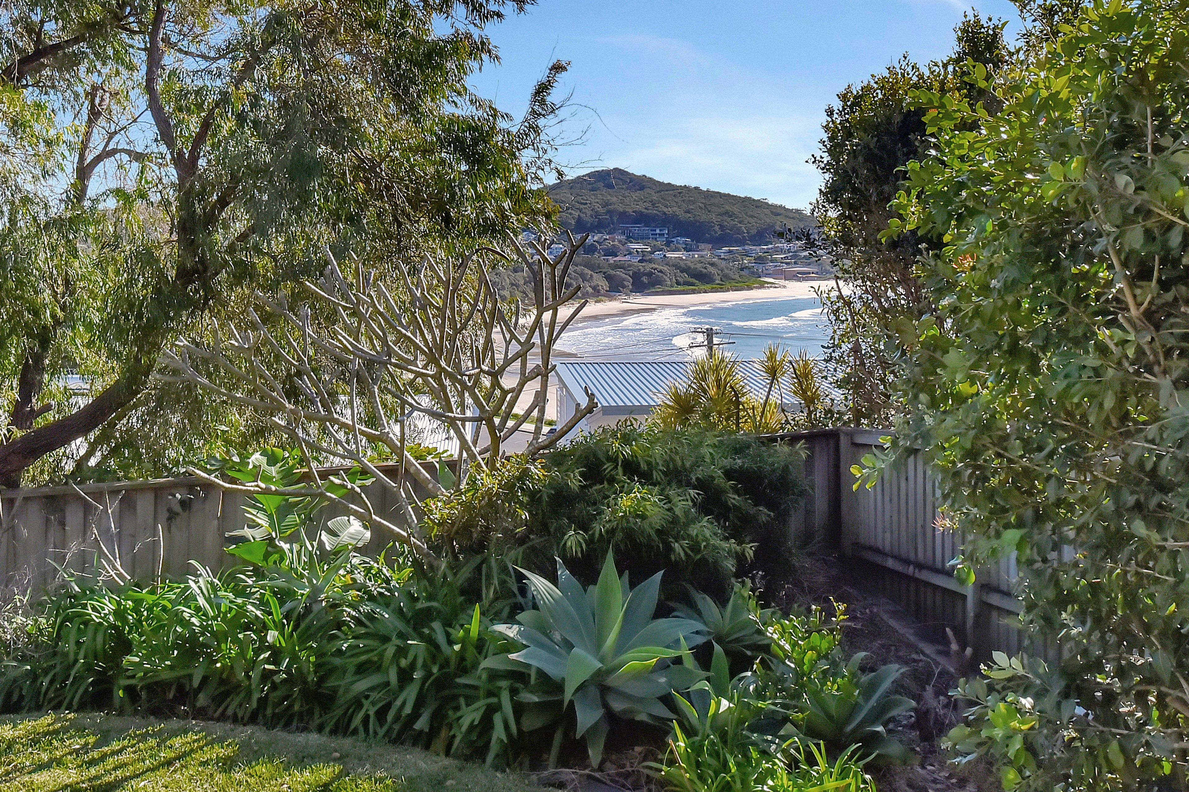 A coastal landscape with a view of the beach and ocean, surrounded by lush greenery and a wooden fence.