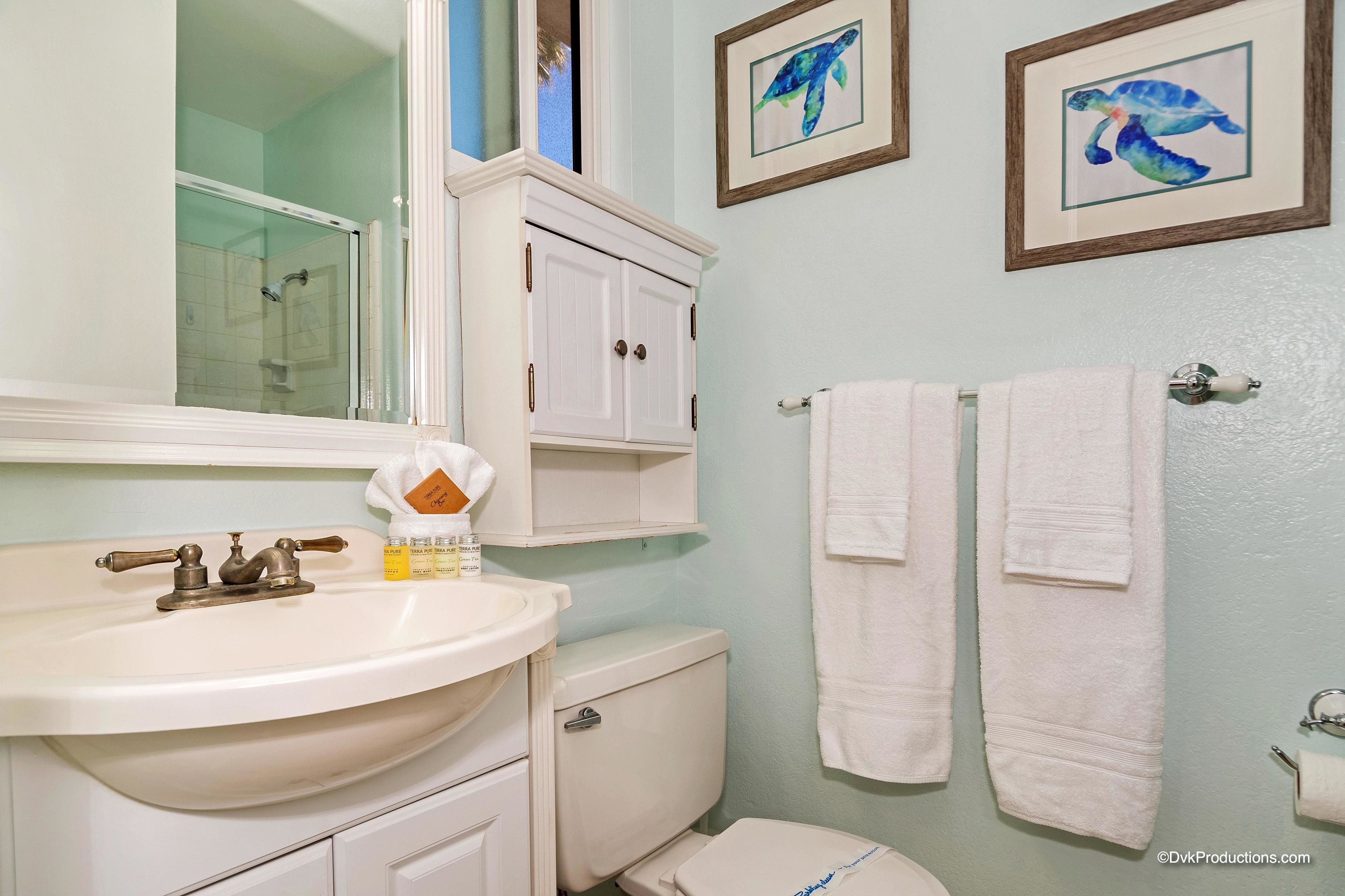 A bathroom with a white sink, a toilet, and two framed pictures on the wall.