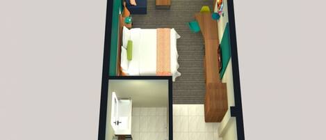 A hotel room layout with a bed, a desk, a chair, a small table, a sofa, a window with curtains, and a bathroom with a sink and toilet.
