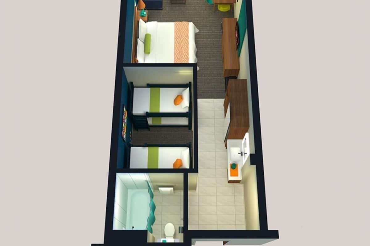 Distribución de un apartamento de dos habitaciones con sala de estar, cocina y baño.