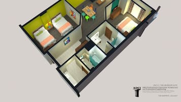 A two-bedroom suite with a living area, two bedrooms, a bathroom, and a kitchen.