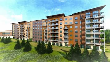 Enjoy the views from the balconies overlooking lush greenery.
