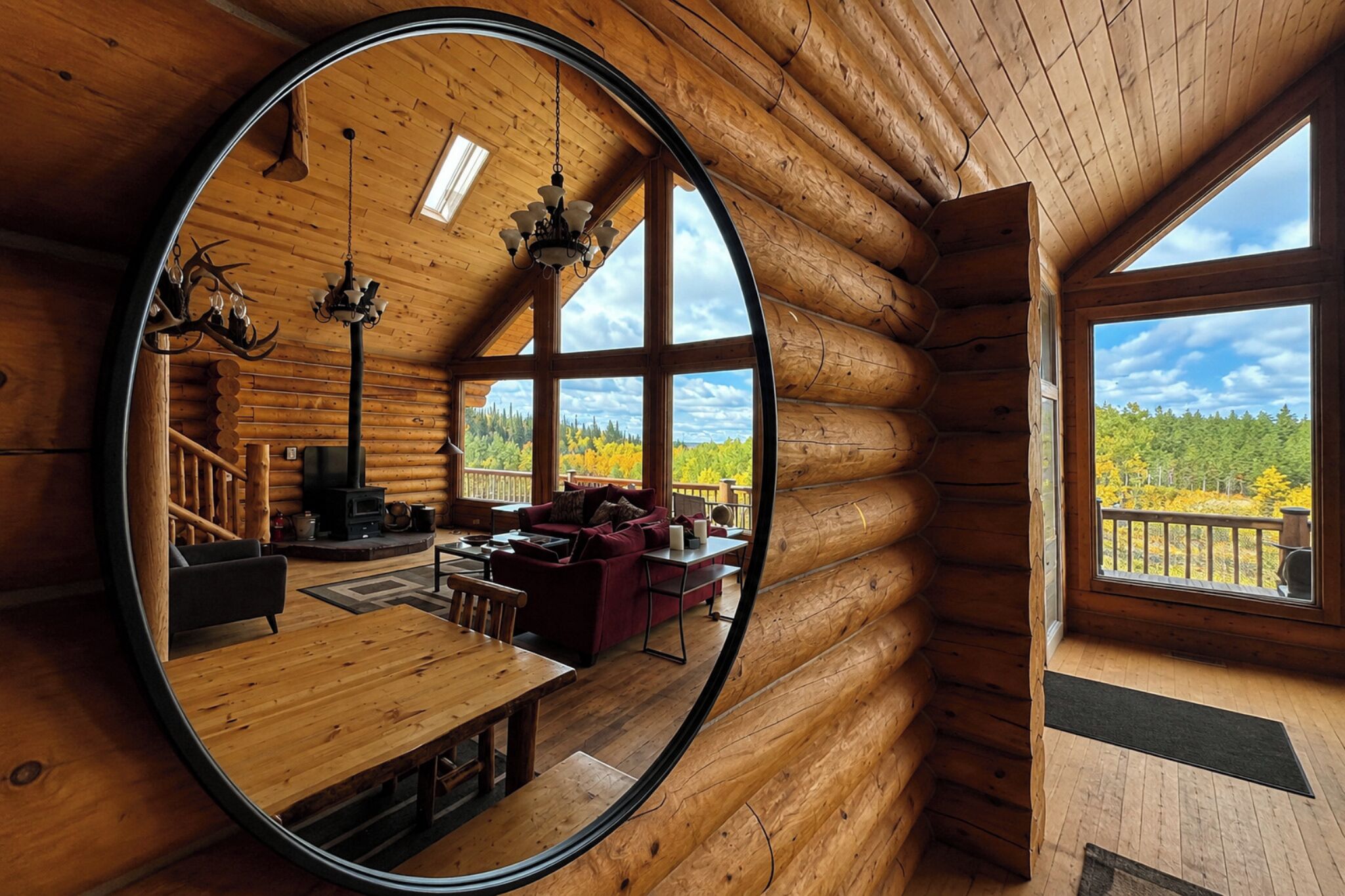 A log cabin interior with a large mirror reflecting the room, a fireplace, a cozy seating area, and a view of the forest through large windows.