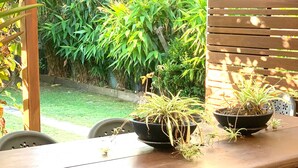 A wooden table with chairs, potted plants, and a wooden fence in a garden setting. - Eden by the Bay Faimly Home near Corlette Beach (Corlette)