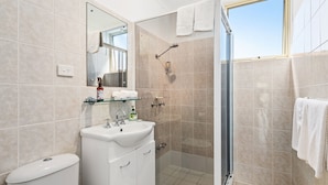 A modern bathroom with a glass shower enclosure, a white sink, and a toilet. - Little Hut Waterfront Apartment in Nelson Bay (Nelson Bay)