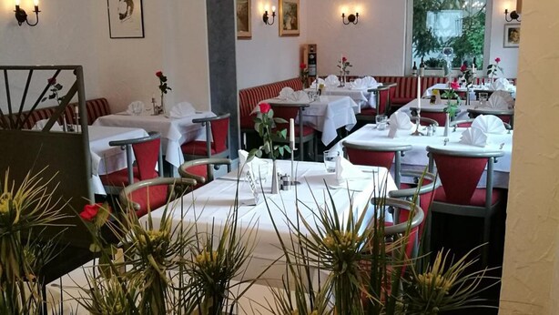 A restaurant with multiple tables and booths, some with red cushions. There are potted plants in the foreground. - Hotel Restaurant Cala Luna (Marburg)