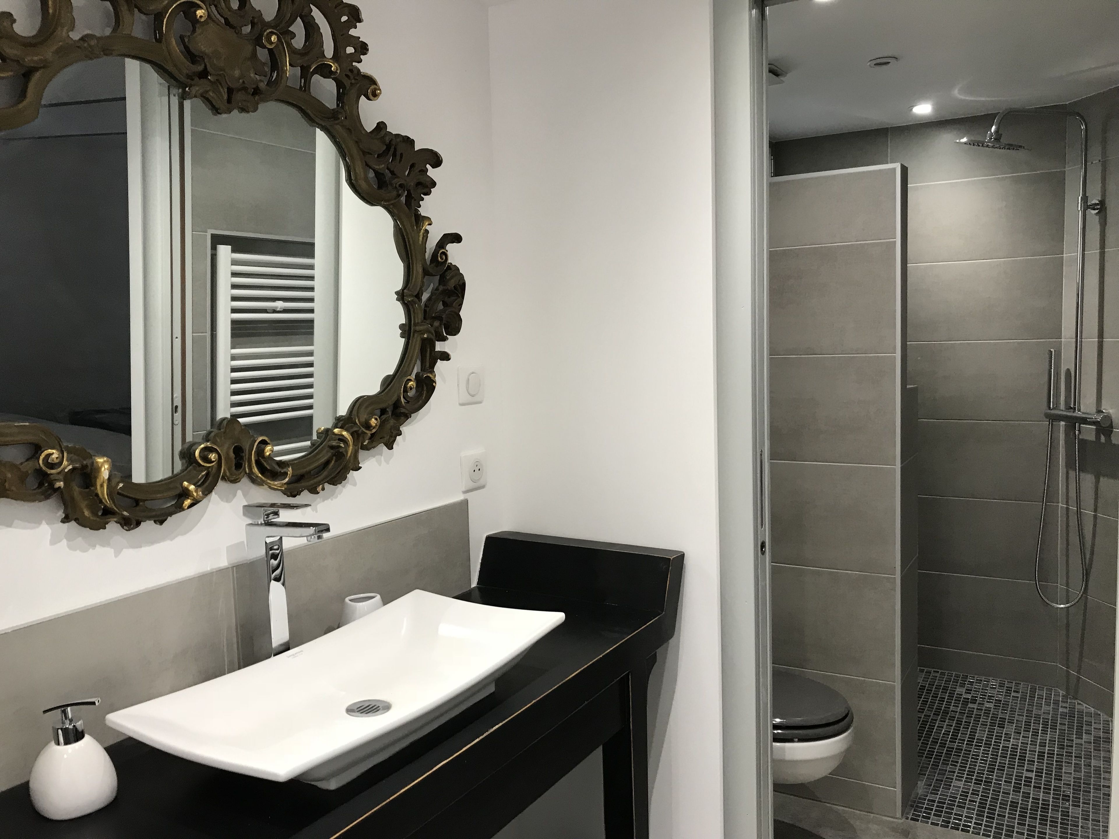 A modern bathroom with a white sink, a large ornate mirror, and a shower area.