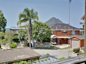 Ein Wohngebiet mit Häusern, einer Palme und einem Berg im Hintergrund.