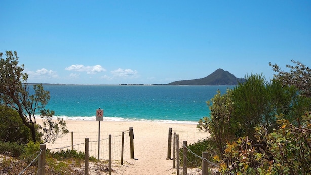 Ein Strand mit einem Verbotsschild für Hunde, einem sandigen Pfad, der zum Wasser führt, und einem Berg im Hintergrund.