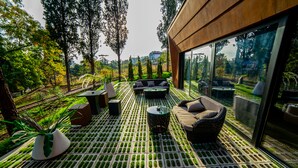 A modern outdoor patio with a patterned floor, seating area, and large windows offering a view of the surrounding greenery. - Folk Boutique Hotel (Tbilisi)