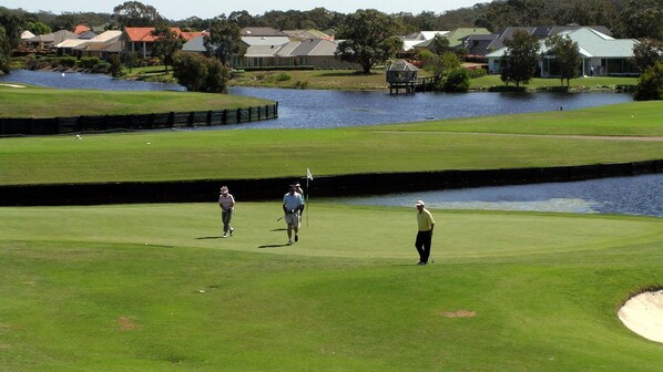 A golf course with a water hazard, a putting green, and a sand bunker.