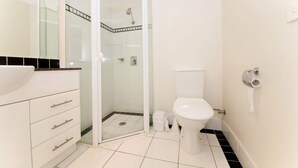 Un bagno con doccia vetrata, un WC bianco e un lavabo con piano in pietra nera.
