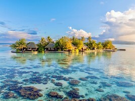 Un resort en una isla tropical con bungalows sobre el agua, agua turquesa cristalina y arrecifes de coral.