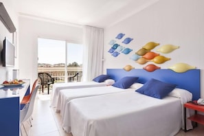 A hotel room with two beds, a desk with a chair, a TV, and a balcony with a view. - Evenia Olympic Resort - Olympic Park (Lloret de Mar)