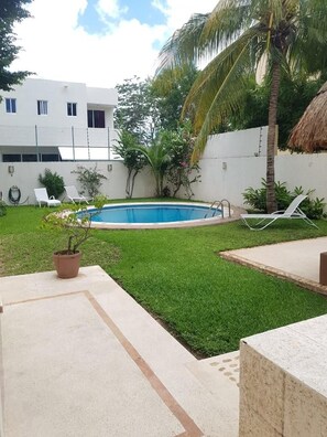 A backyard with a swimming pool, a palm tree, and a white building in the background.