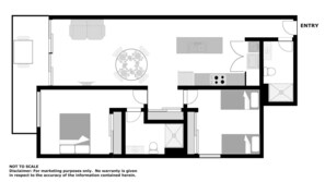 A floor plan of a hotel room with a bed, a desk, a chair, a small table, a window, and an entry door.