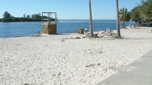 A beach with a lifeguard tower, palm trees, and people relaxing on the sand. - water front,pool,hot tub,fishing,close to beaches (new port richey)