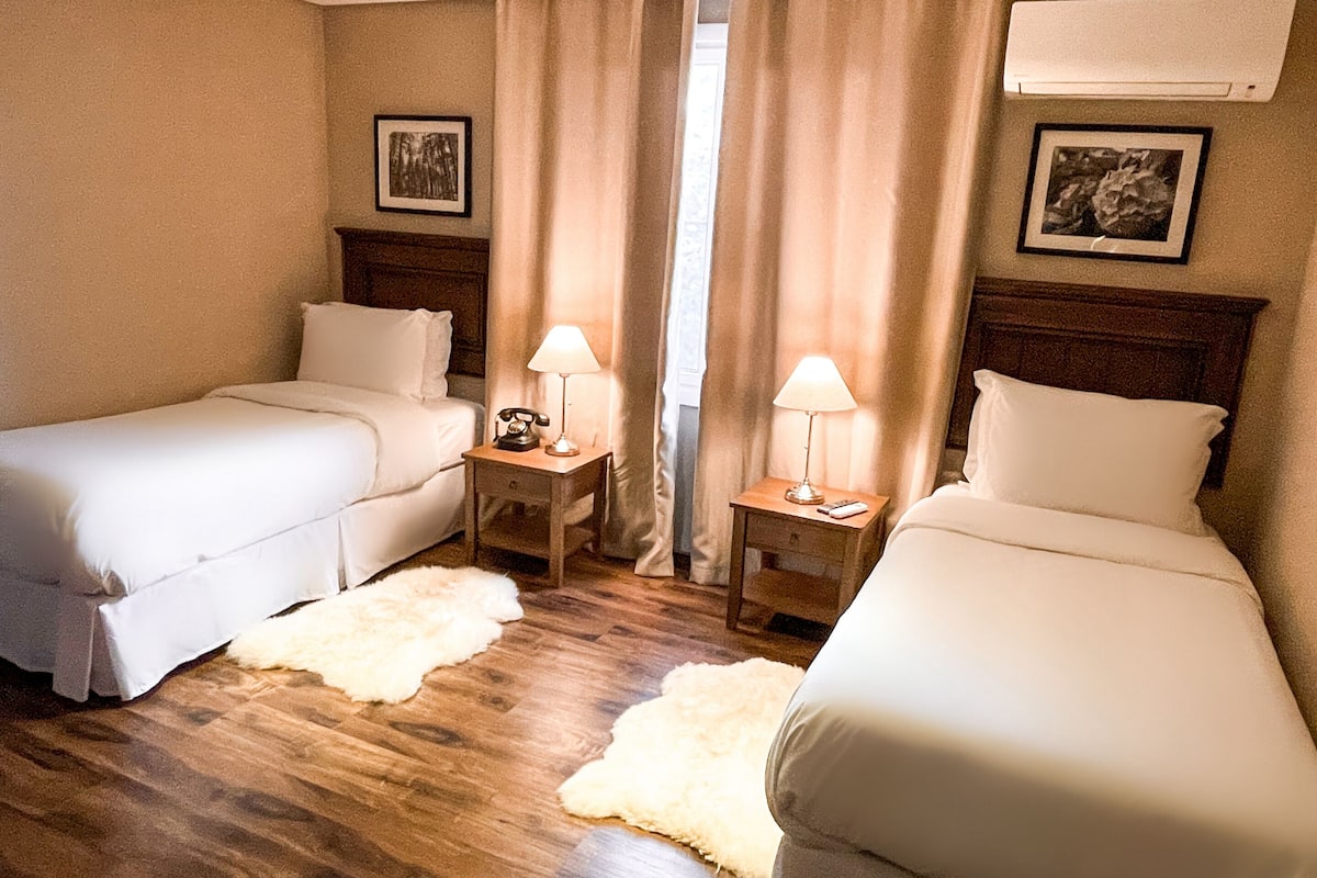 A hotel room with two single beds, wooden headboards, a wooden floor, a white rug, two bedside tables with lamps, and framed pictures on the walls.