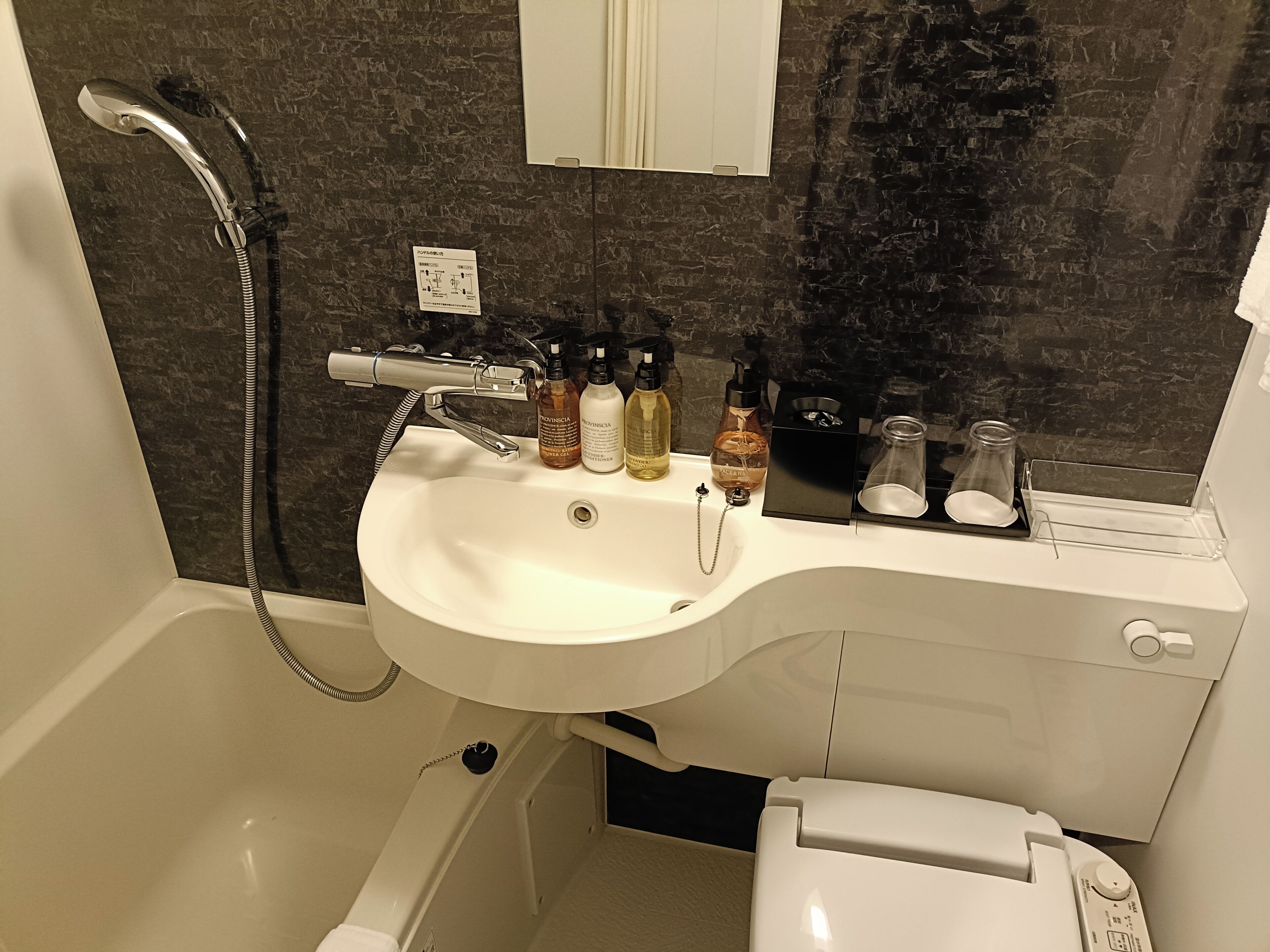 Combined shower/tub, free toiletries, hair dryer, slippers