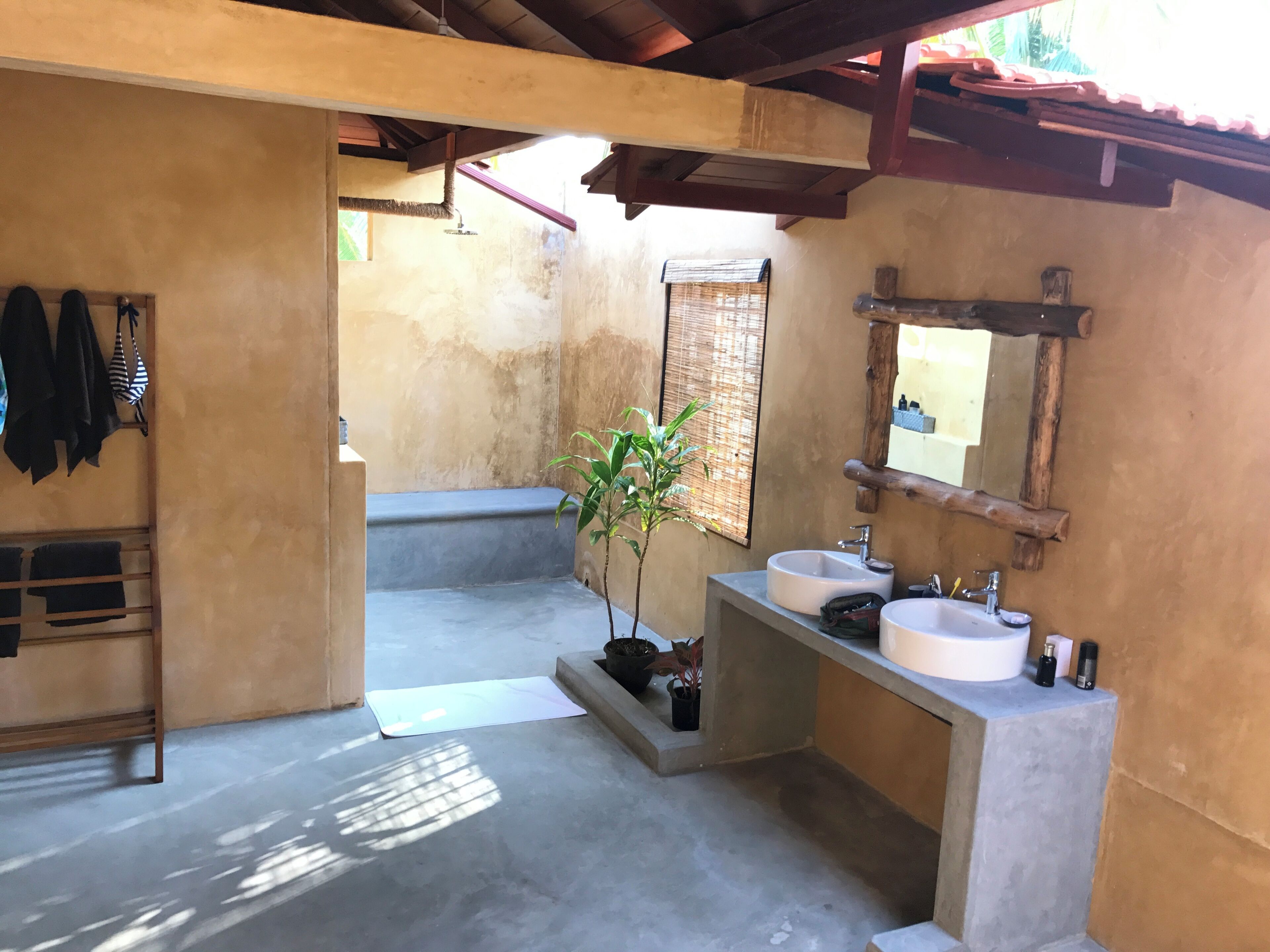 A bathroom with two sinks, a shower, and a small plant.
