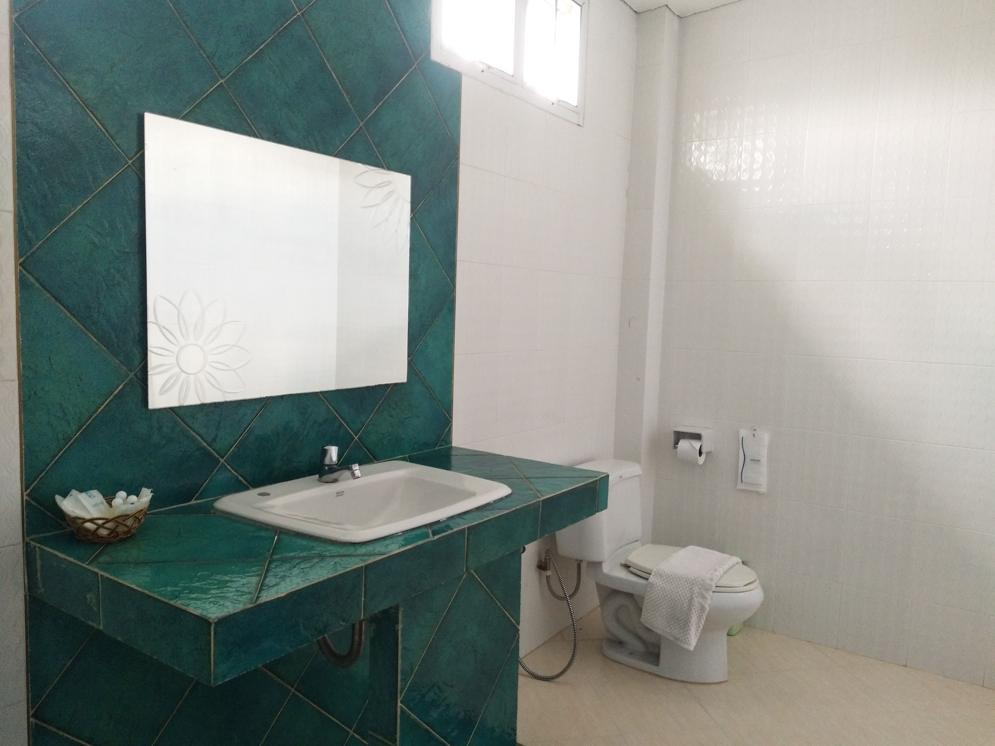 A bathroom with a white sink, a mirror, and a toilet.