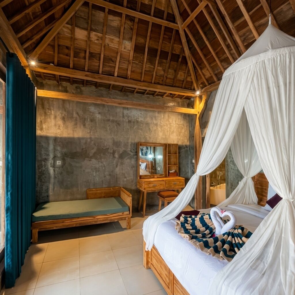 A bedroom with a wooden ceiling, a bed with a canopy, a bedside table, a bench, and a mirror.