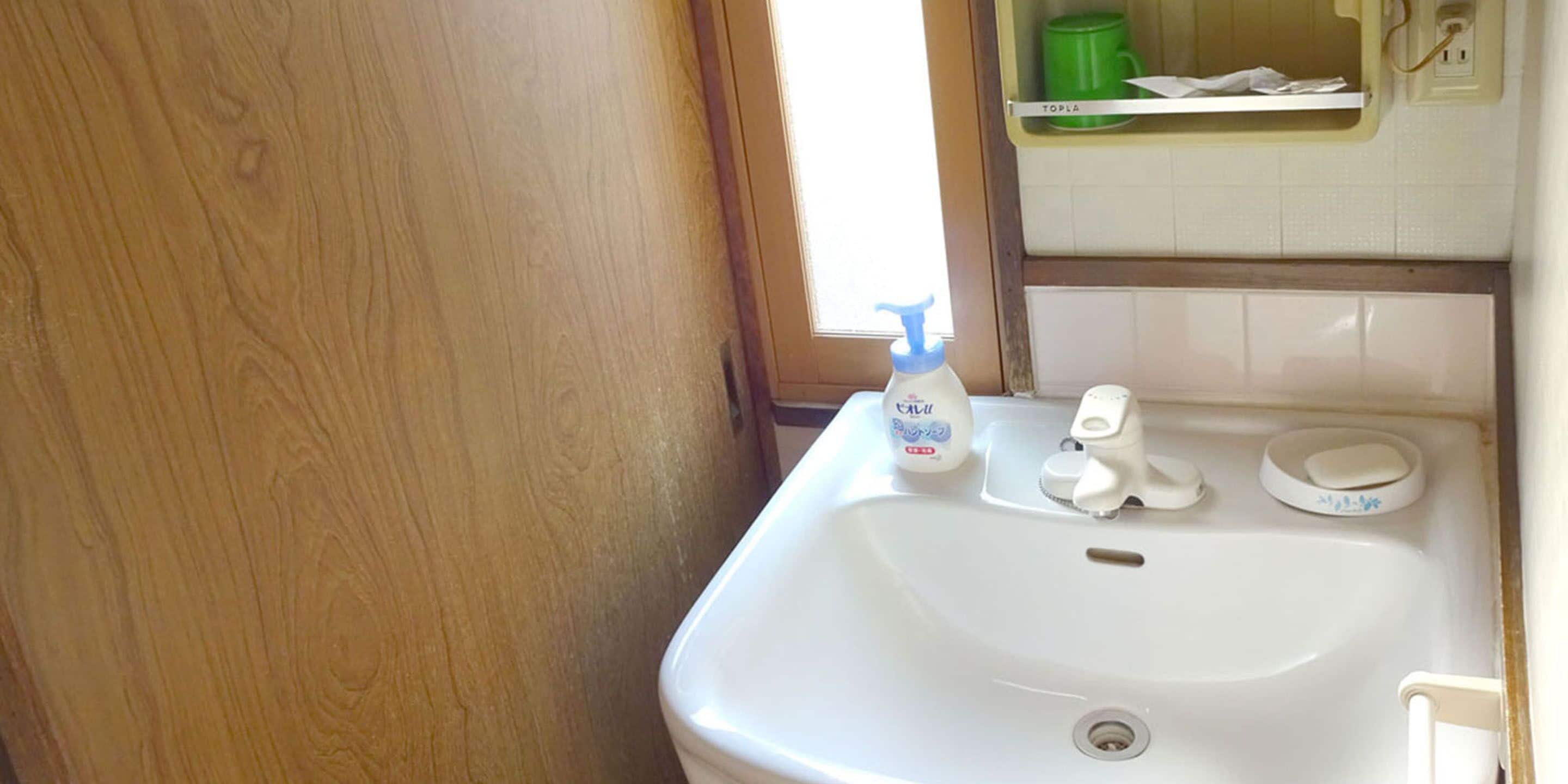 A bathroom with a white sink, a green cup holder, and a bottle of hand soap.