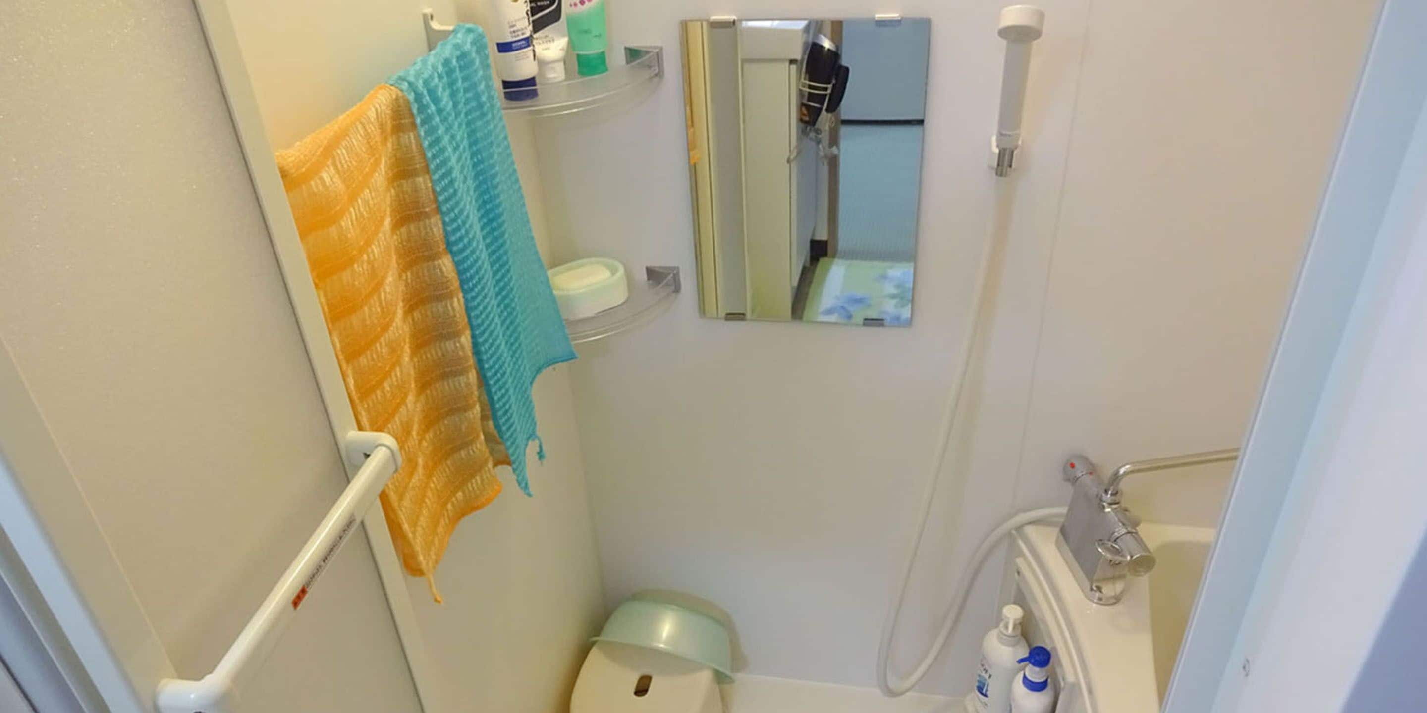 A bathroom with a towel rack, a mirror, a toilet, and a shower area.