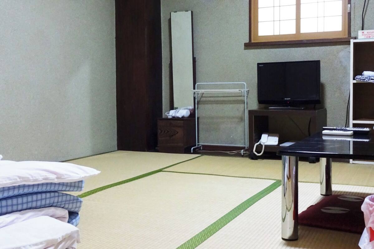 A room with tatami flooring, a bed with pillows, a desk with a telephone, a television, and a window with a view.