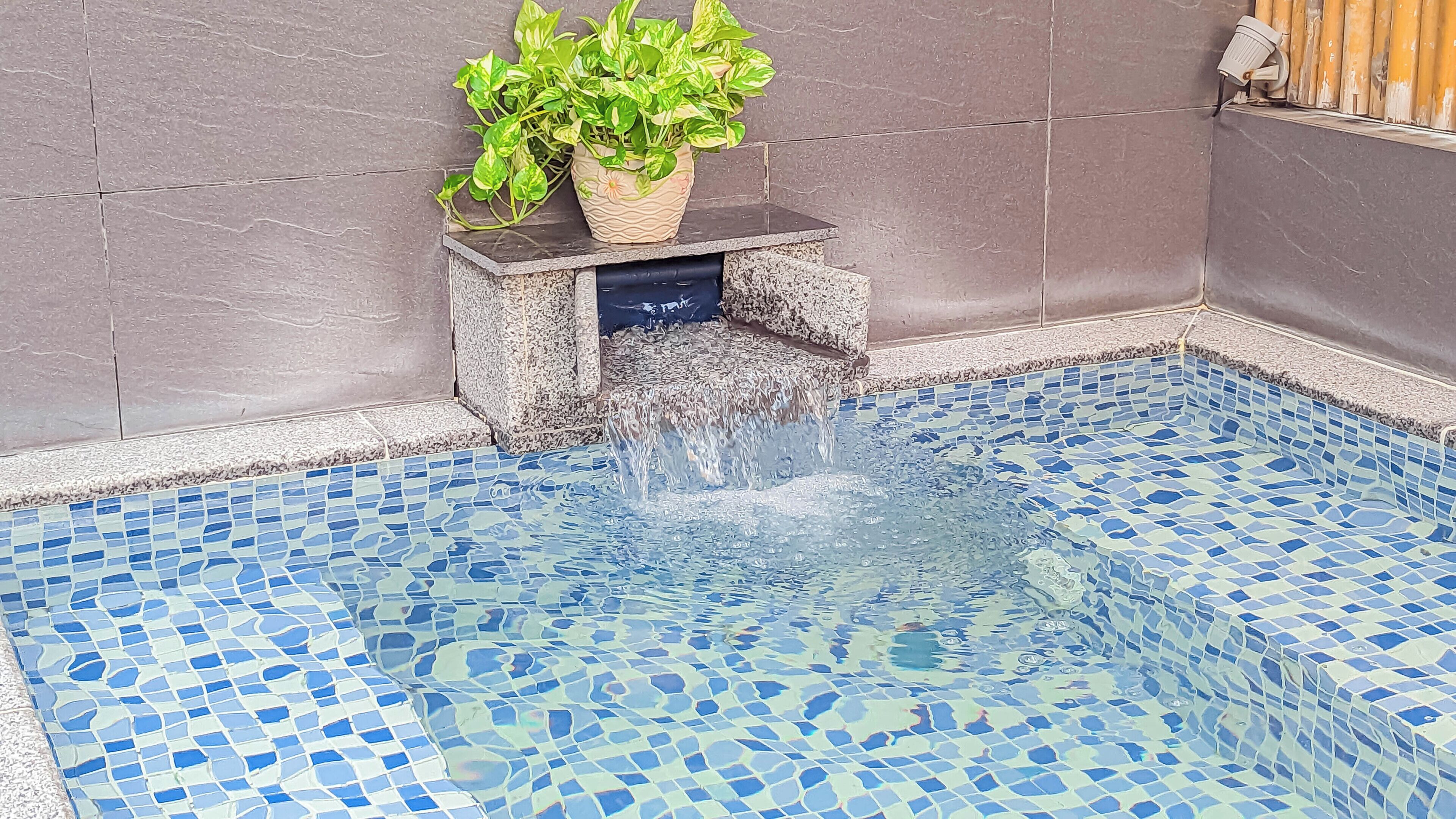 A swimming pool with mosaic tiles, a stone shelf with plants, and a stone wall.