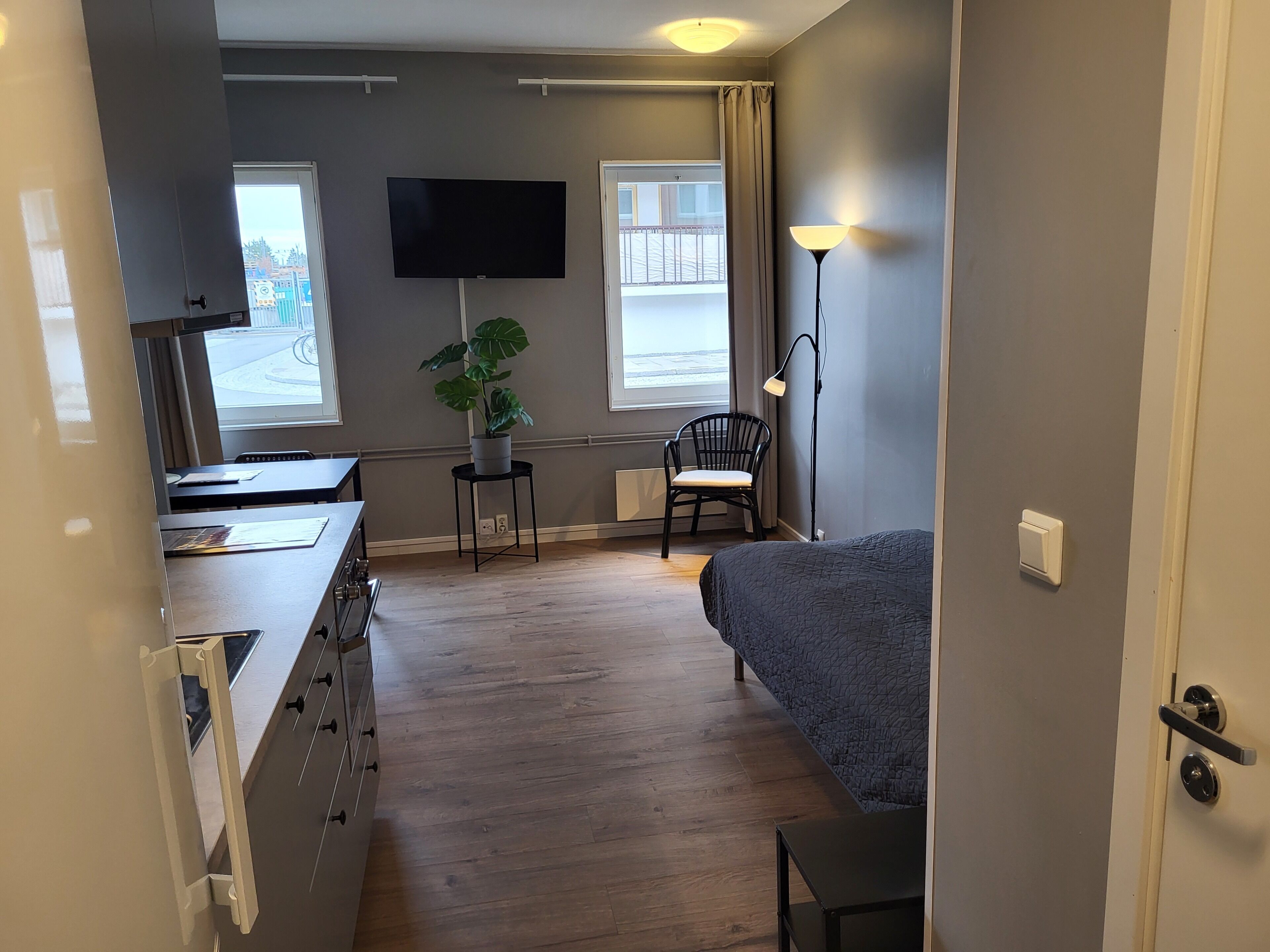 A room with a bed, a desk, a chair, a potted plant, a TV, and a window with curtains.