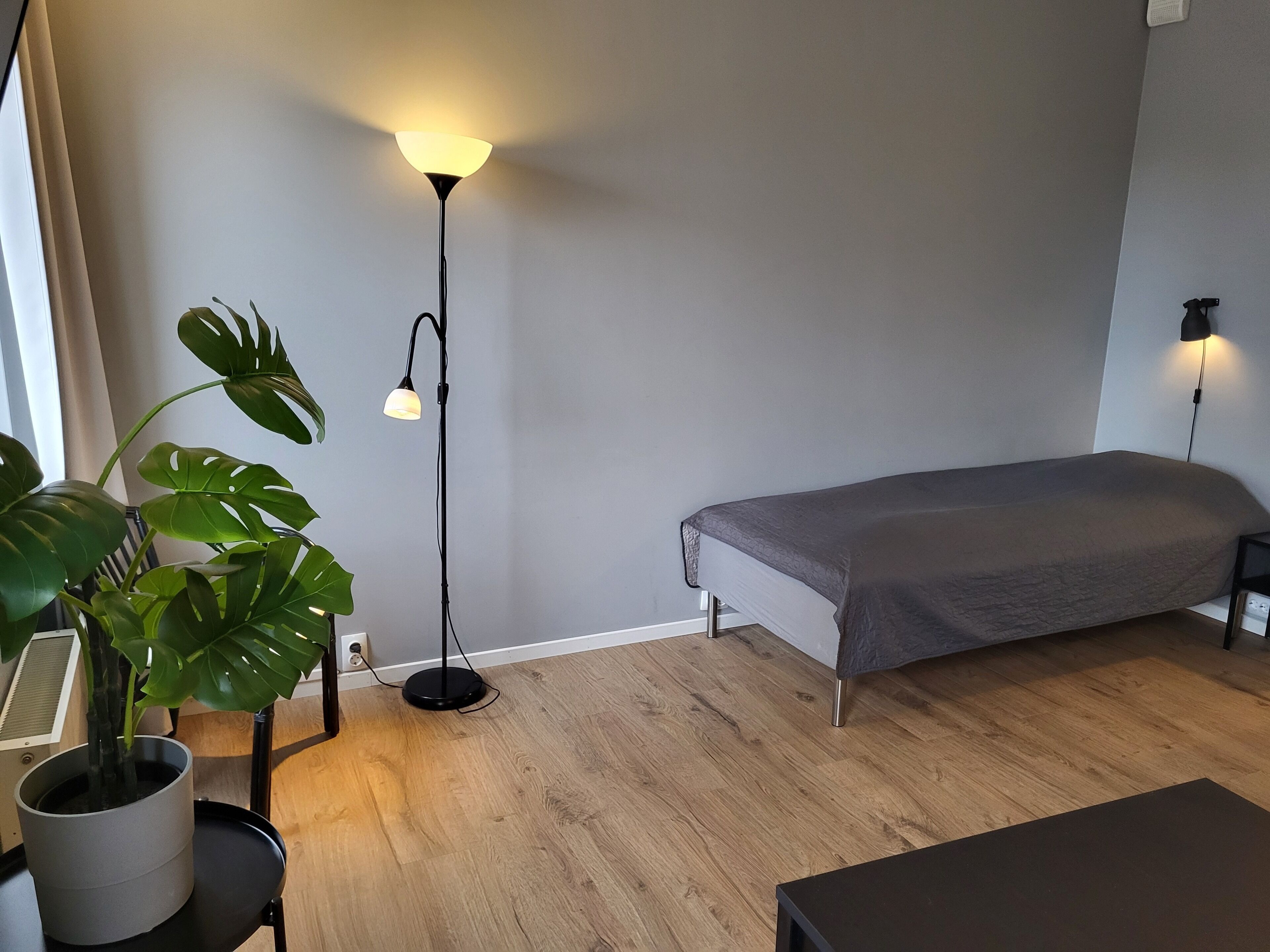 Une chambre à coucher avec un lit, une lampe sur pied, une plante en pot et un bureau avec une chaise.