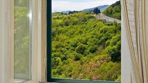 A window with sheer curtains, a view of a lush green landscape with a road and hills in the distance. - B&B Kvarner (Labin)